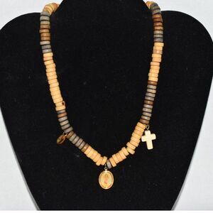 Vtg Religious Multi Color Coconut Shell Beads w/Charms 16" Unisex Necklace